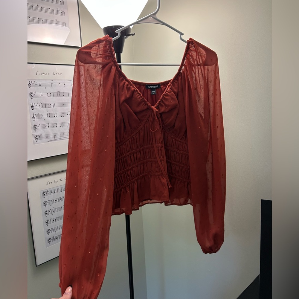 Express Red Smocked Tie Front Blouse
